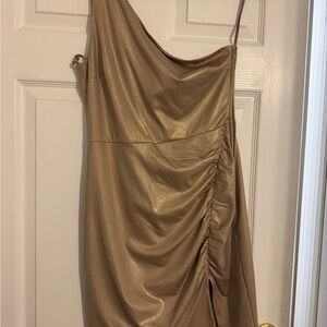 Elegant Tan Ruched Dress